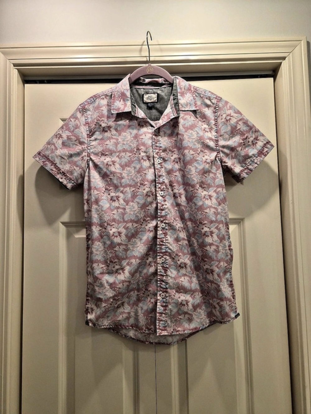 Flag & Anthem Boys XL 18/20 Floral Short Sleeve Button Down Shirt Pink Blue